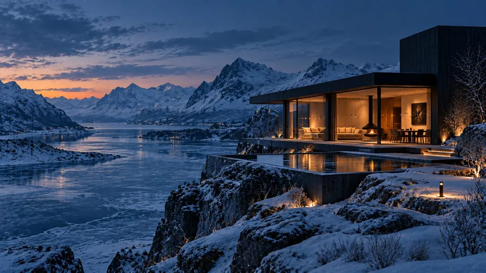 Glass house above a frozen arctic fjord