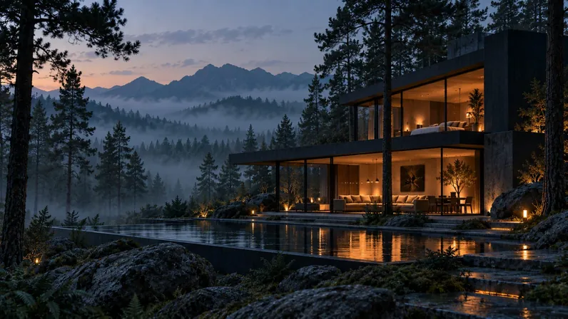 Concrete house in a misty pine forest