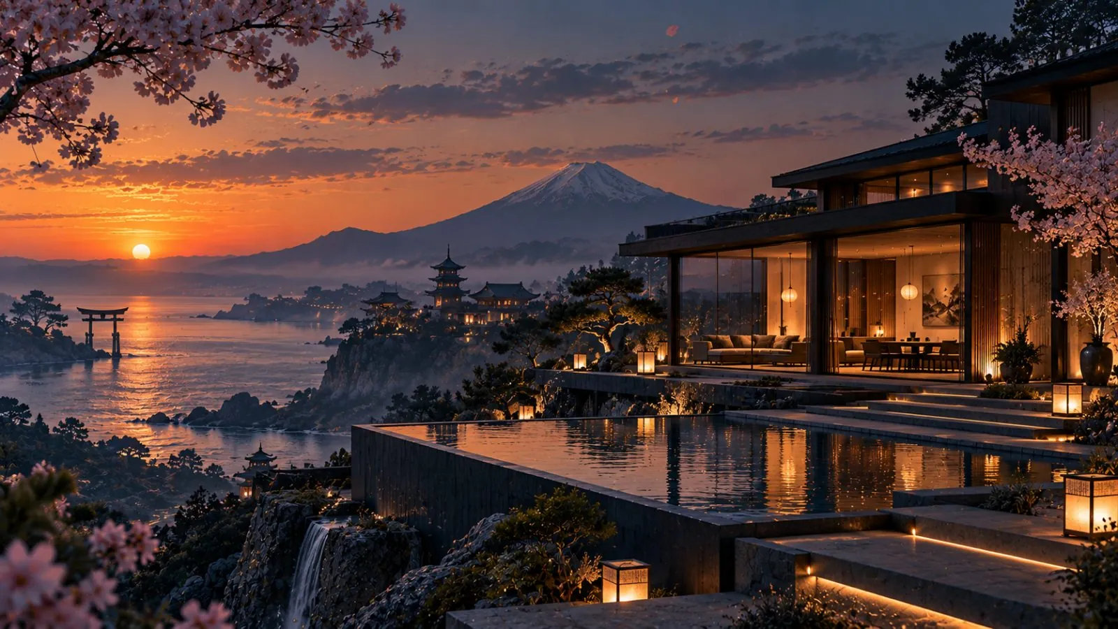 Cherry blossom pavilion overlooking Mount Fuji