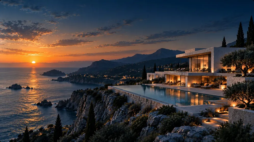 Stone villa on a Mediterranean cliff at sunset