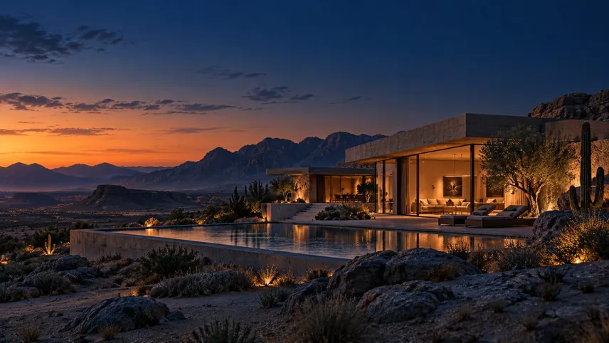 Desert house with pool at dusk