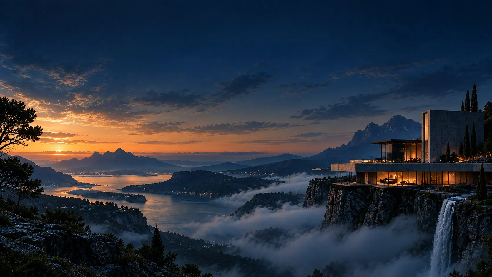 Mountain residence at dusk